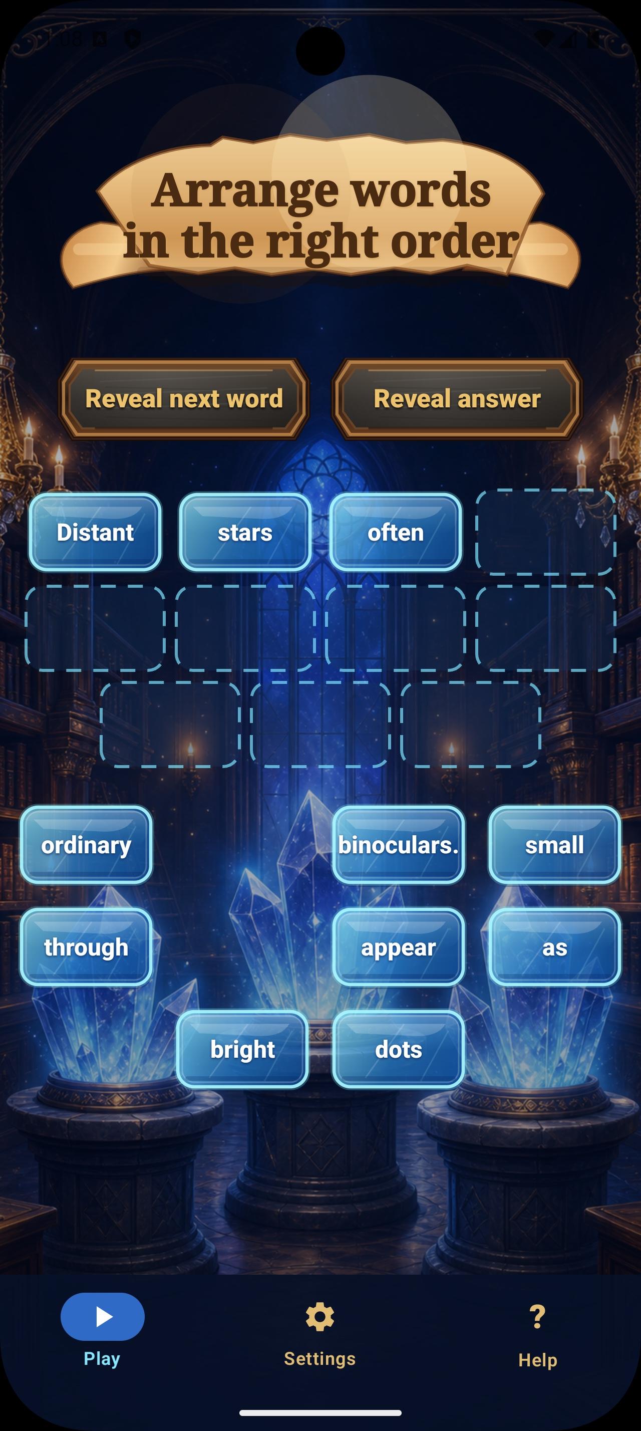 Scrambly screenshot showing a sentence puzzle with word tiles