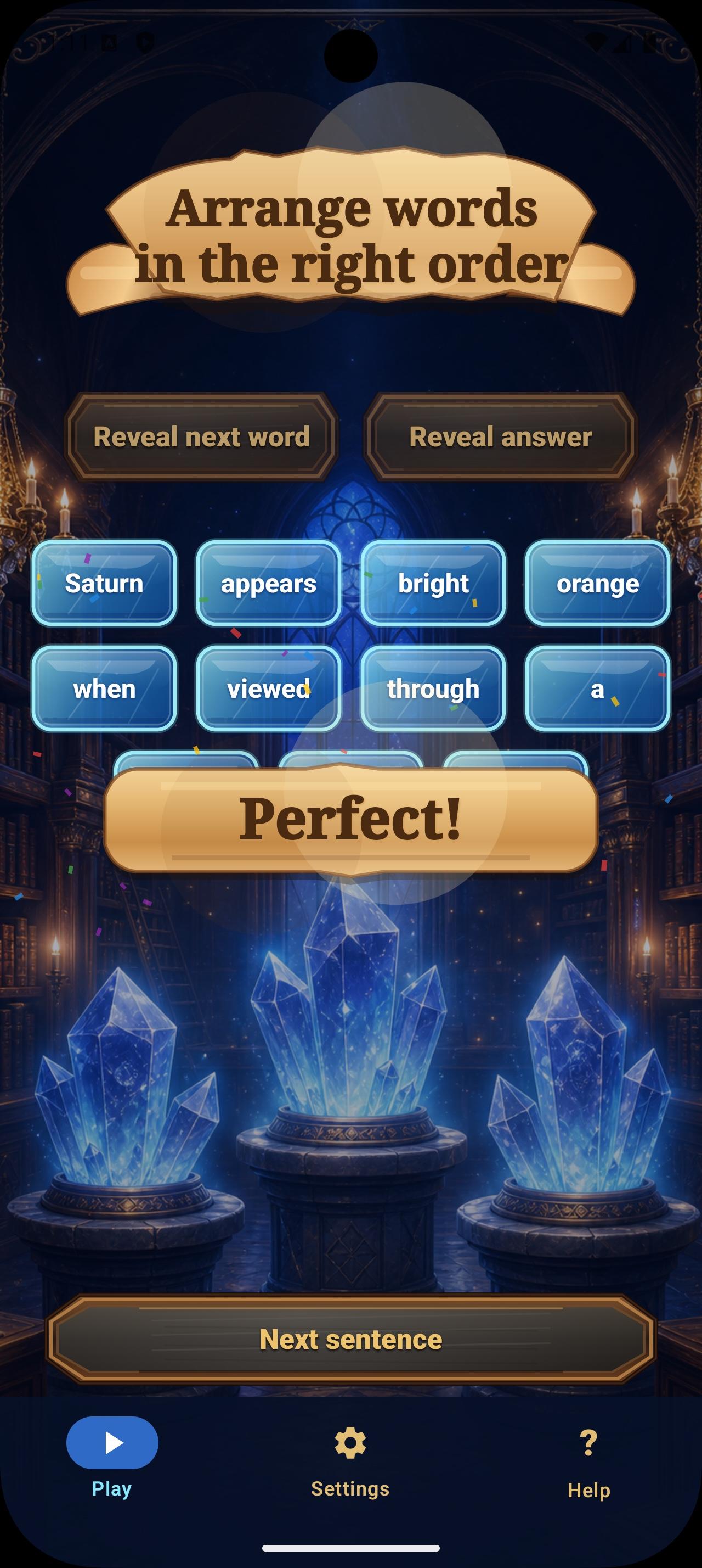 Scrambly product screenshot showing a completed word puzzle