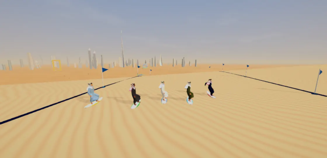 Dubai Dunes level: Sandboard by the skyline.