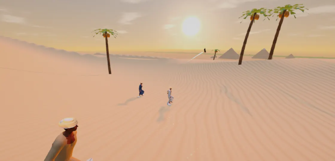 Egypt level: Sunset by the pyramids, camel caravans.