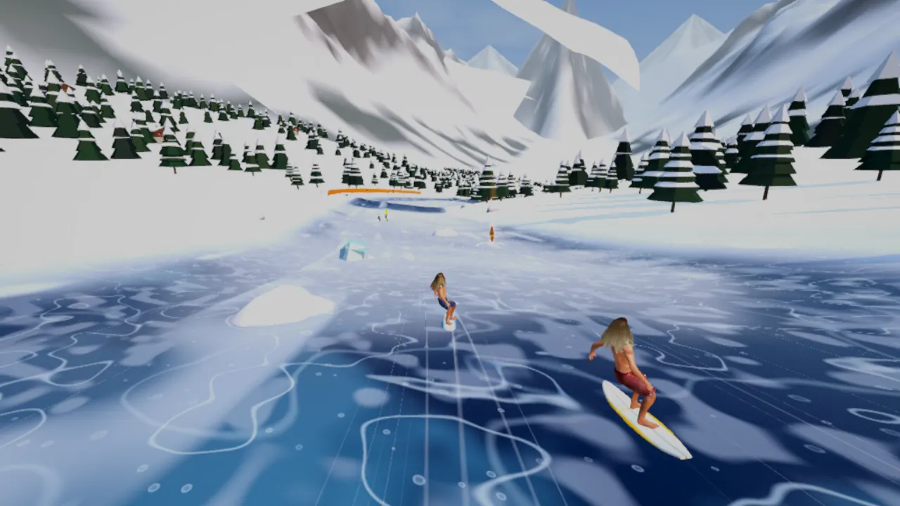 Surfers carving across blue ice in a snowy Alpine valley
