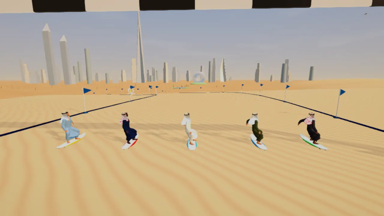 Five sandboarders racing across golden dunes with the Dubai skyline behind