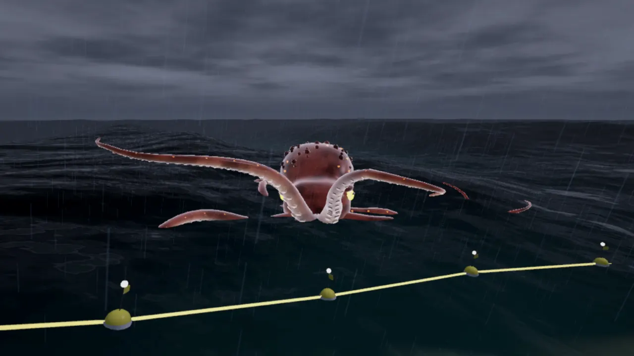 The kraken lifting its tentacles out of the dark sea ahead of the buoy line
