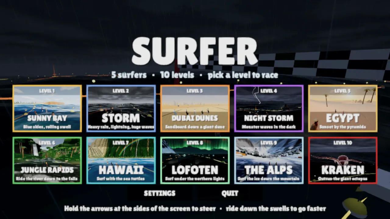 The Surfer level select screen showing all ten levels