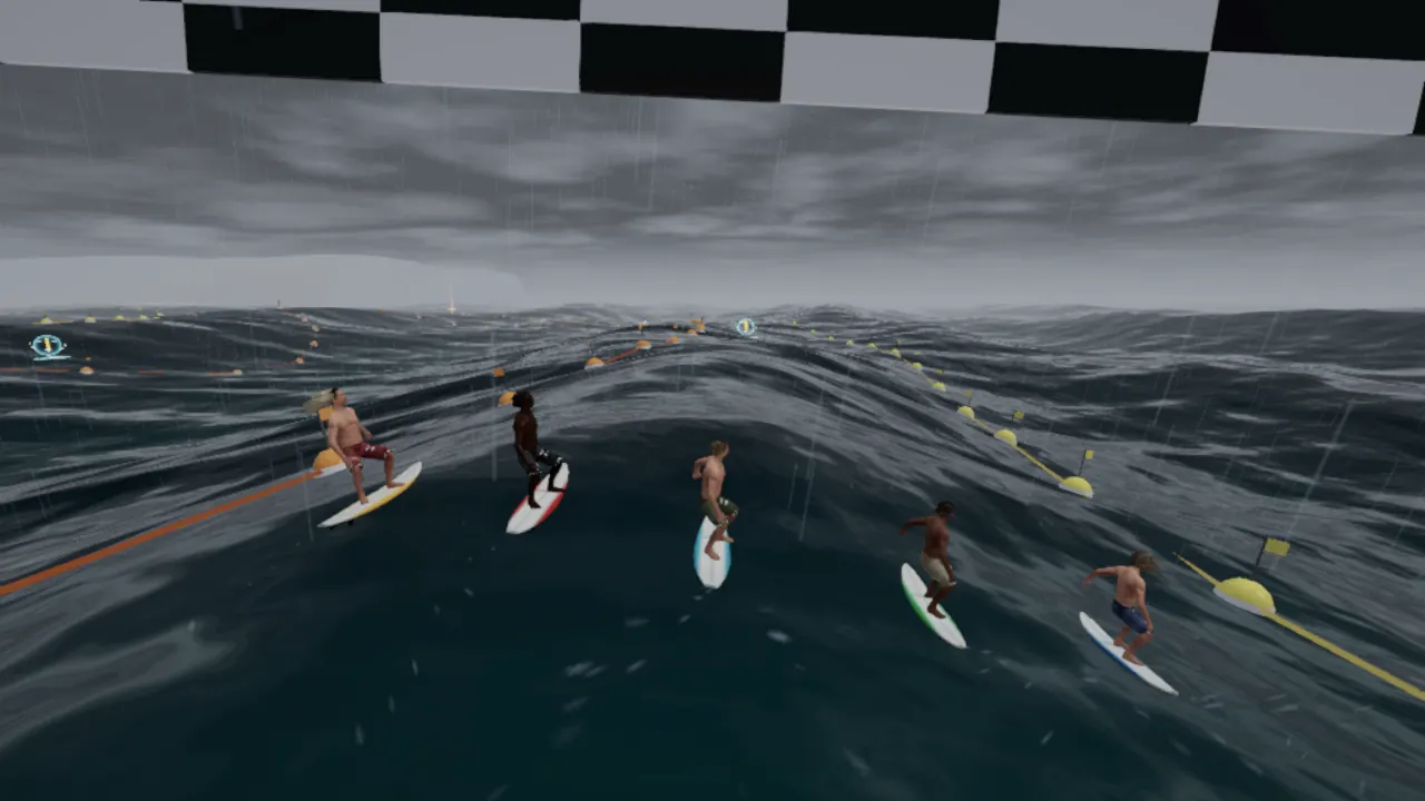 Surfers racing on dark grey waves under a heavy storm sky