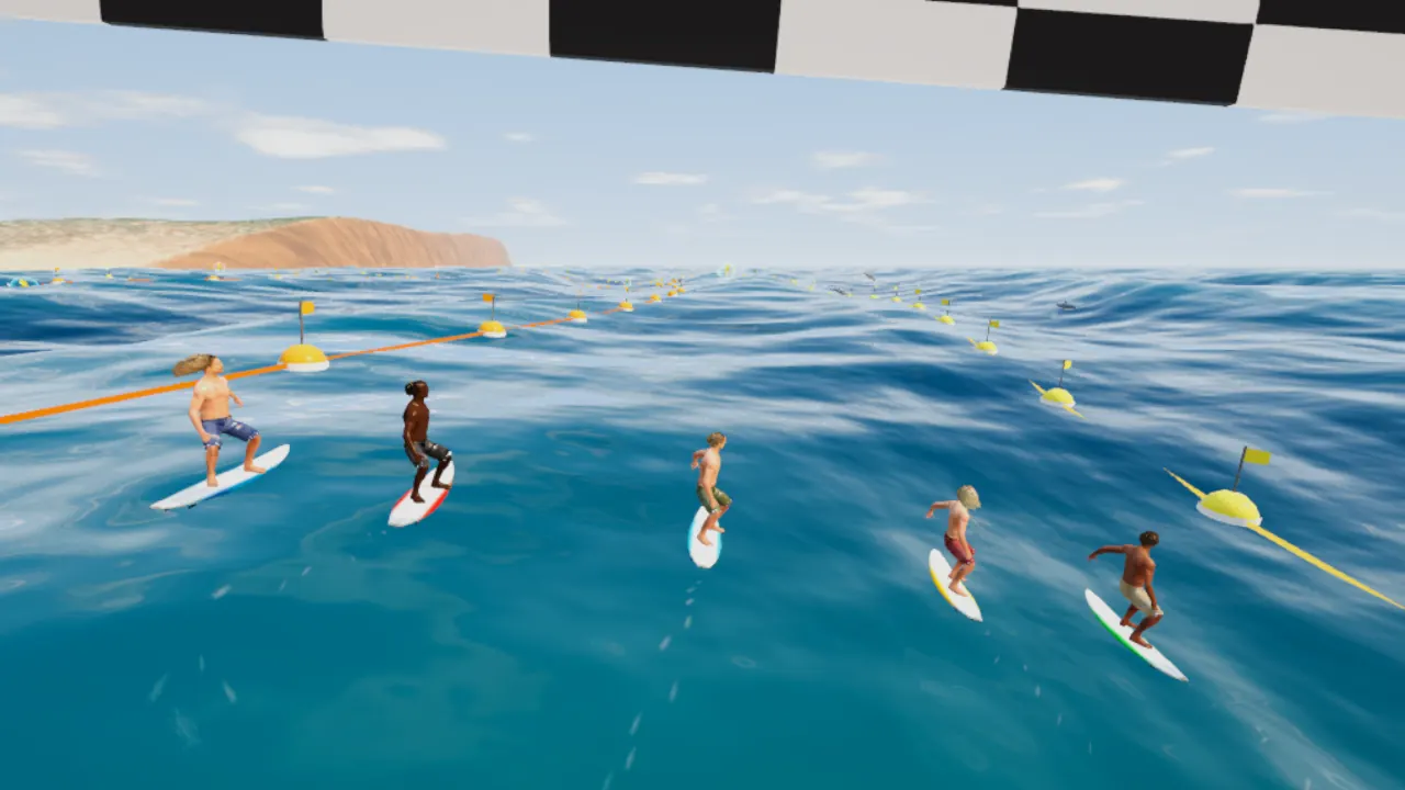 Five surfers lined up under a checkered start arch in Sunny Bay