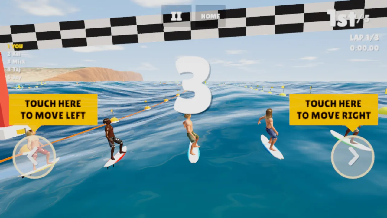 Race start in Sunny Bay with on-screen hints: touch the left side to move left, the right side to move right